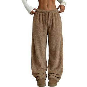 ZAFUL Women's Fuzzy Plush Pajama Pants Drawstring Elastic Waist Wide Leg Teddy Pj Bottoms Lounge Pants Brown Size S