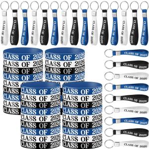Seenelling 100 Pcs Graduation Wristbands and Keychains Class of 2026 Rubber Bracelets Keyrings Bulk for Guest Gifts Parties Events and Decorative Accessories(Black,White,Blue)