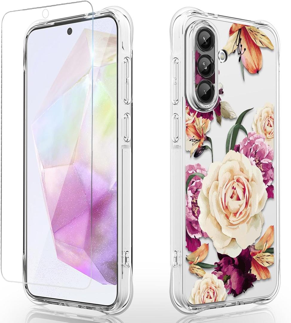 Osophter for Samsung Galaxy A36 5G Case: Women Girls Flower Floral with Screen Protector Flexible TPU Rubber Phone Cover Case for Samsung Galaxy A36 5G(Purple Flower)