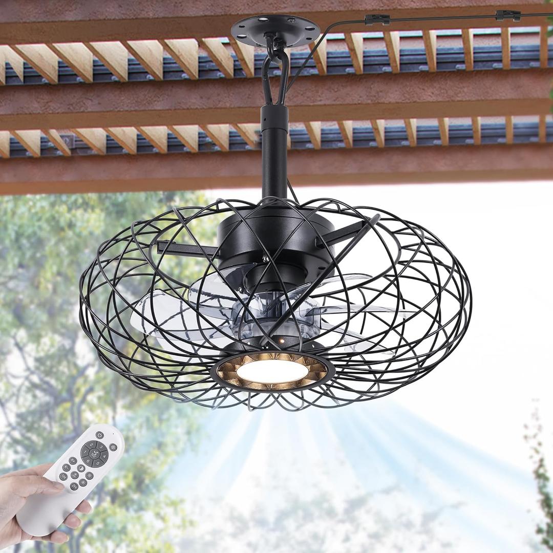 PAZALA 15" Gazebo Ceiling Fans with Lights and Remote Control, Waterproof Enclosed Caged Ceiling Fan with 3 Color LED Light, Portable Hanging Outdoor Fan with Plug in Cord Hook for Patios Black