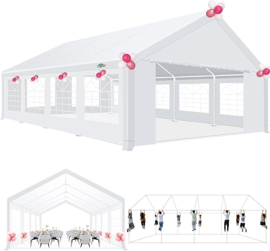 COBIZI 20x20ft Party Tent Heavy Duty for Parties Waterproof, Wedding and Event Canopy & Carport, Carpas para Fiestas with Removable Sidewalls & Built-in Sandbag, UV50+, White(Better Than Galvanized)