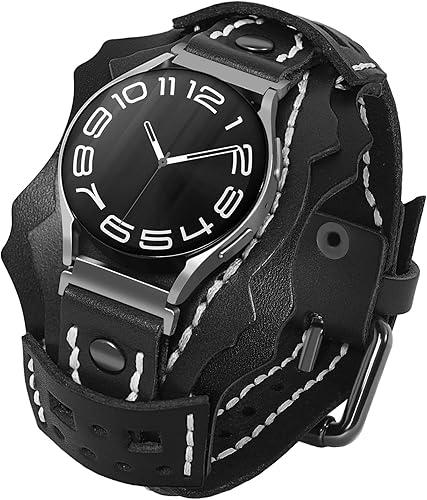 VIQIV Leather Band Compatible with Samsung Galaxy Watch 7/6/5/4/FE Active 2 40mm 44mm/Watch 4 6 Classic 43mm 47mm 42mm 46mm/Watch 5 Pro 45mm Bands Men, Two-Tone Gothic Biker Sport Leather Strap Women, Blac