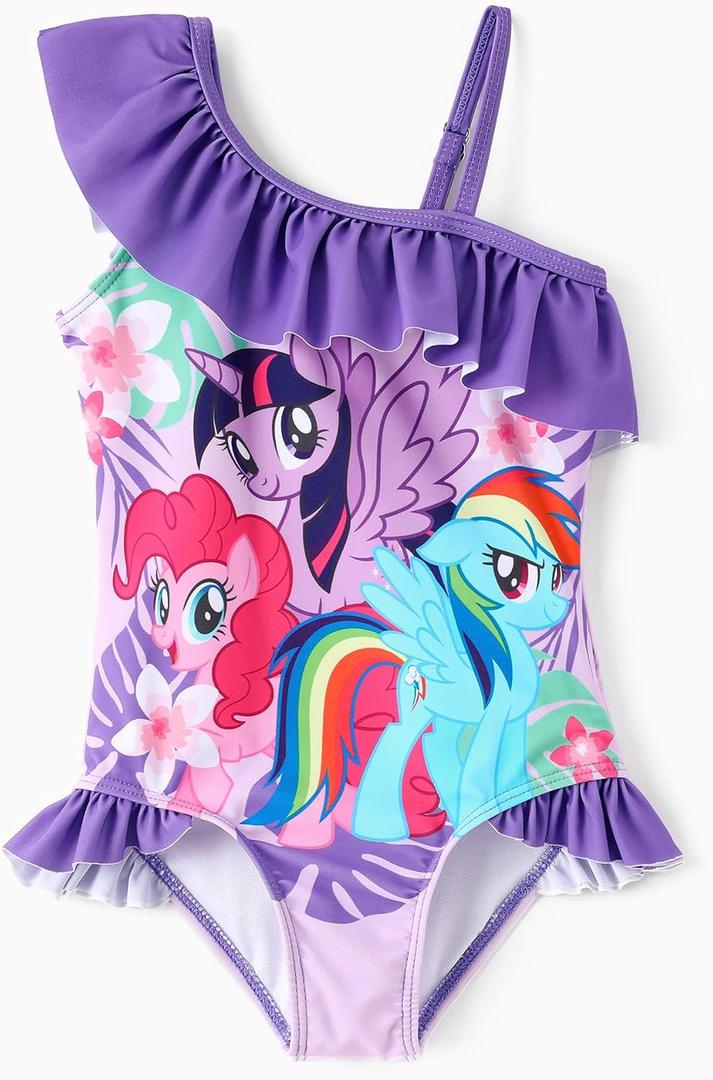 My Litle Pony One Piece Swimsuit Pony Print Off-Shoulder Ruffle Summer Swimwear Beach Pool Kids, Pink, 4-5Y