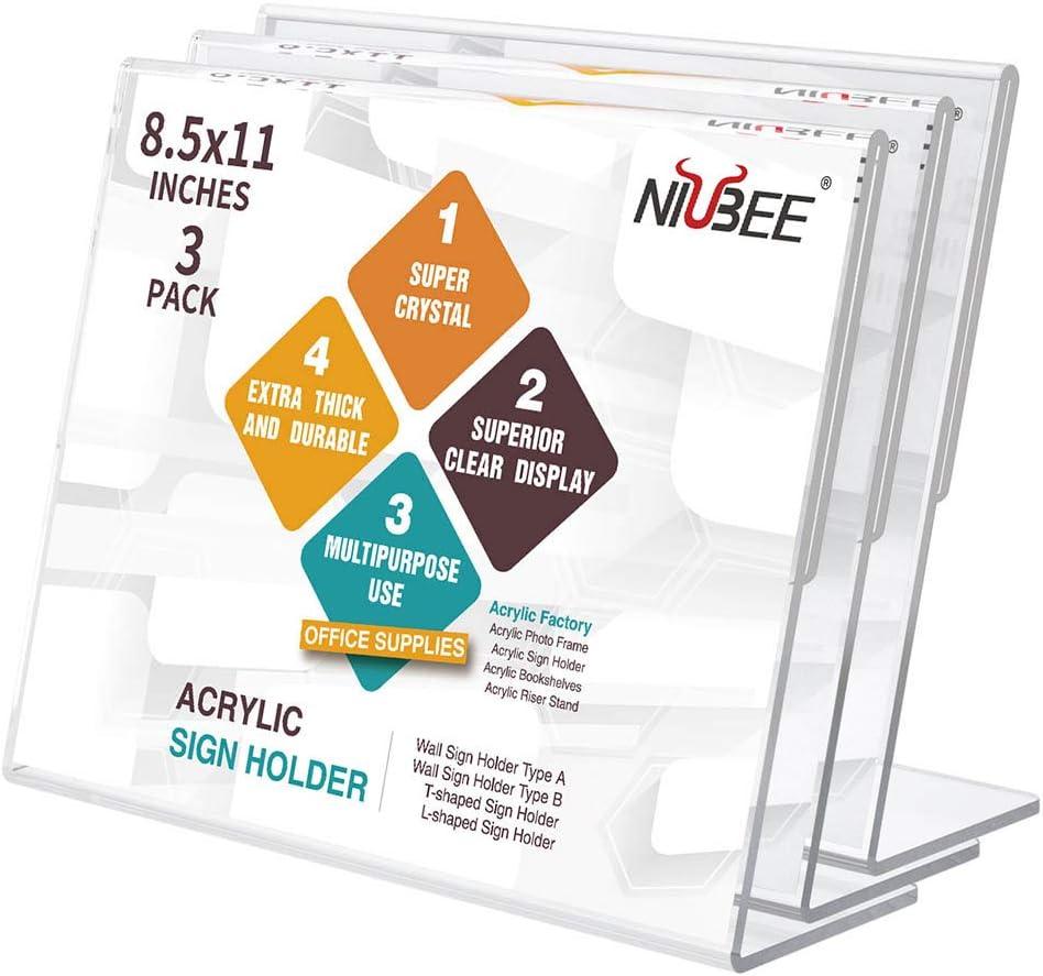 NIUBEE Acrylic Sign Holder 8.5x11 Inches 3 Pack Landscape, Slant Back Clear Paper Frames, Plastic Flyer Display Holder, Document Menu Table Stand for Office, Store, Restaurant -Horizontal