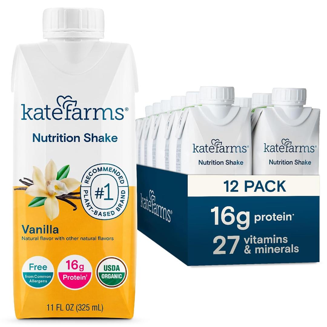 KATE FARMS Organic Nutrition Shake, Vanilla, 16g Protein, 27 Vitamins and Minerals, Meal Replacement Shake, 11 oz (12 Pack) (EXP 04/07/27)