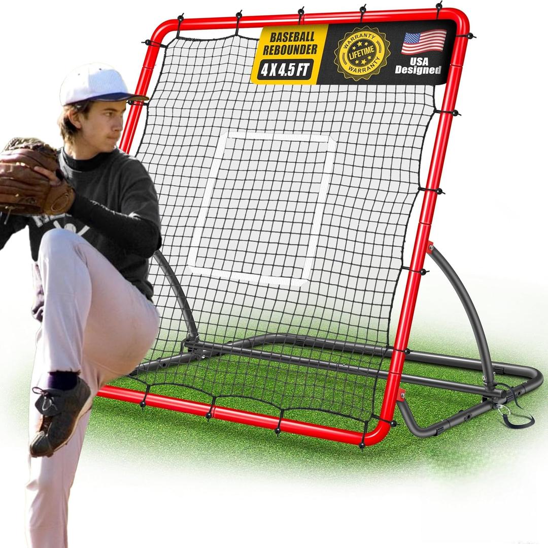 Heavy Duty Baseball Rebounder Net 4x4.5 FT Pitchback with 3 Adjustable Angles, Baseball and Softball Bounce Back Net for Ground, Line Drive, Fly Ball Return Settings Fielding Trainer, Red