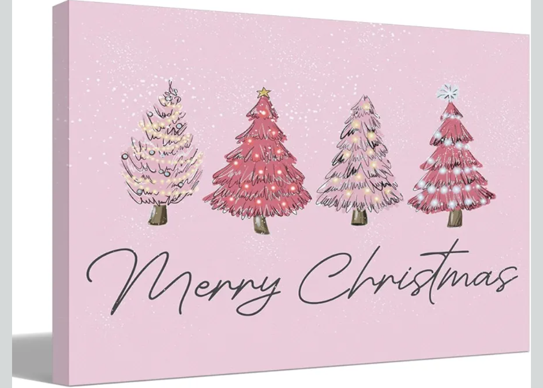 BIWSHA Pink Christmas Wall Art, Merry Christmas Trees Canvas Prints, 11x14 - Home Decoration for Bathroom, Living Room, Bedroom