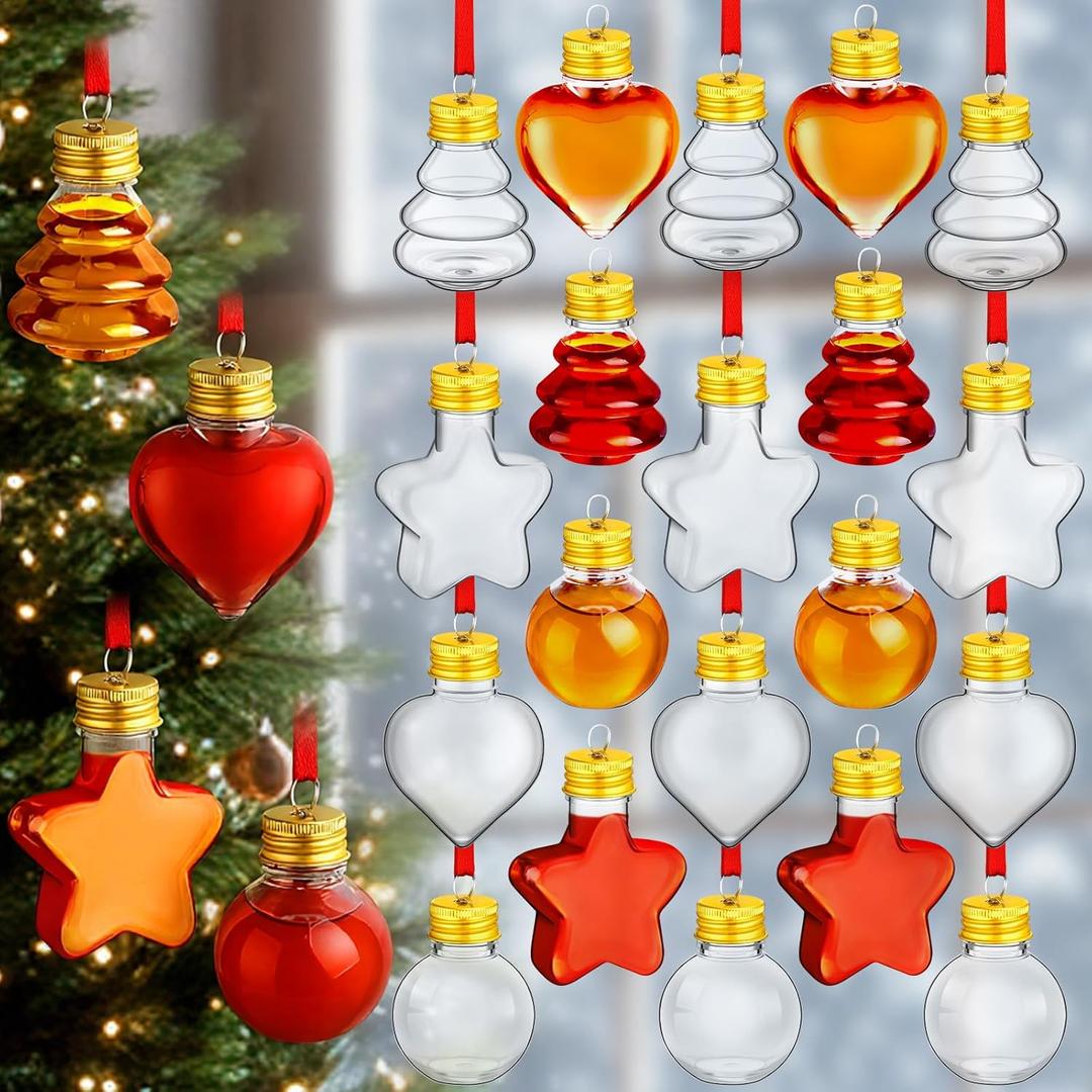 Patelai 24 Pcs Christmas Booze Balls Ornaments Christmas Fillable Drink Balls Booze Tree Ornaments Clear Plastic Shot Glasses Bulk Hanging Bottle Bulbs for Xmas Party(Ball, Tree, Star, Heart)