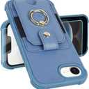 MONASAY Wallet Case Compatible for iPhone 16e 5G 6.1 inch with 360 Rotation Ring Stand[Glass Screen Protector][RFID Blocking] Leather Phone Cover with Card Holder for Women and Men, Light Blue