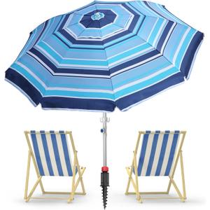 7ft Heavy Duty High Wind Beach Umbrella Parasols with sand anchor & Tilt Sun Shelter, UV 50+ Protection Outdoor Sunshade Umbrellas Carry Bag for Patio Garden Pool Backyard Stripe Blue