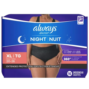 Always Discreet Adult Incontinence Overnight Underwear for Women, Extra Large, Up to 100% Bladder Leak Protection, 16 Count