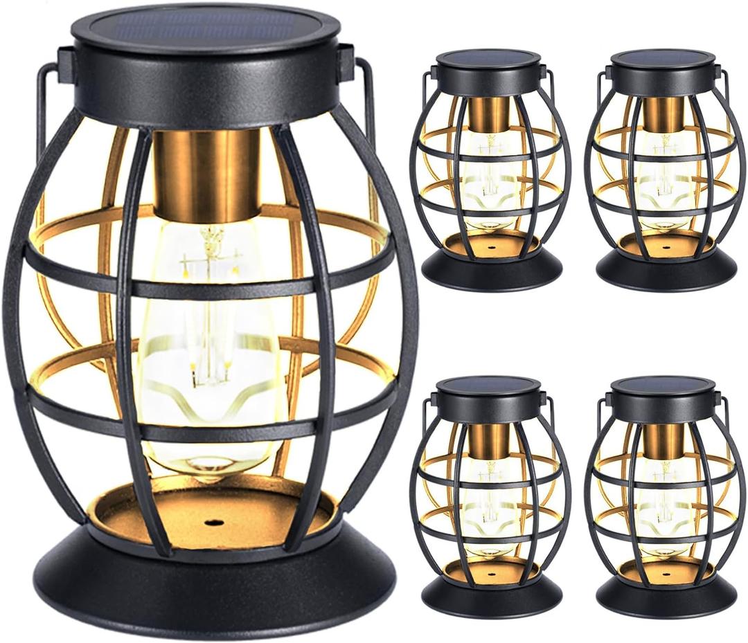 LeiDrail Solar Lanterns Outdoor 4 Pack, Hanging Waterproof Metal Lantern Dual LED Warm White, Auto On/Off Garden Patio Yard Porch Pathway Table Decor, Solar Powered Gift for Women (Retro)