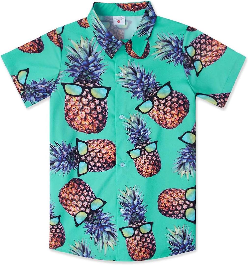 westwolf Little Big Boys Hawaiian Shirts Button Down Short Sleeve Tops Hawaiian Shirt for Kids 3-14T (11-12 Years, 01 Green Pineapple)