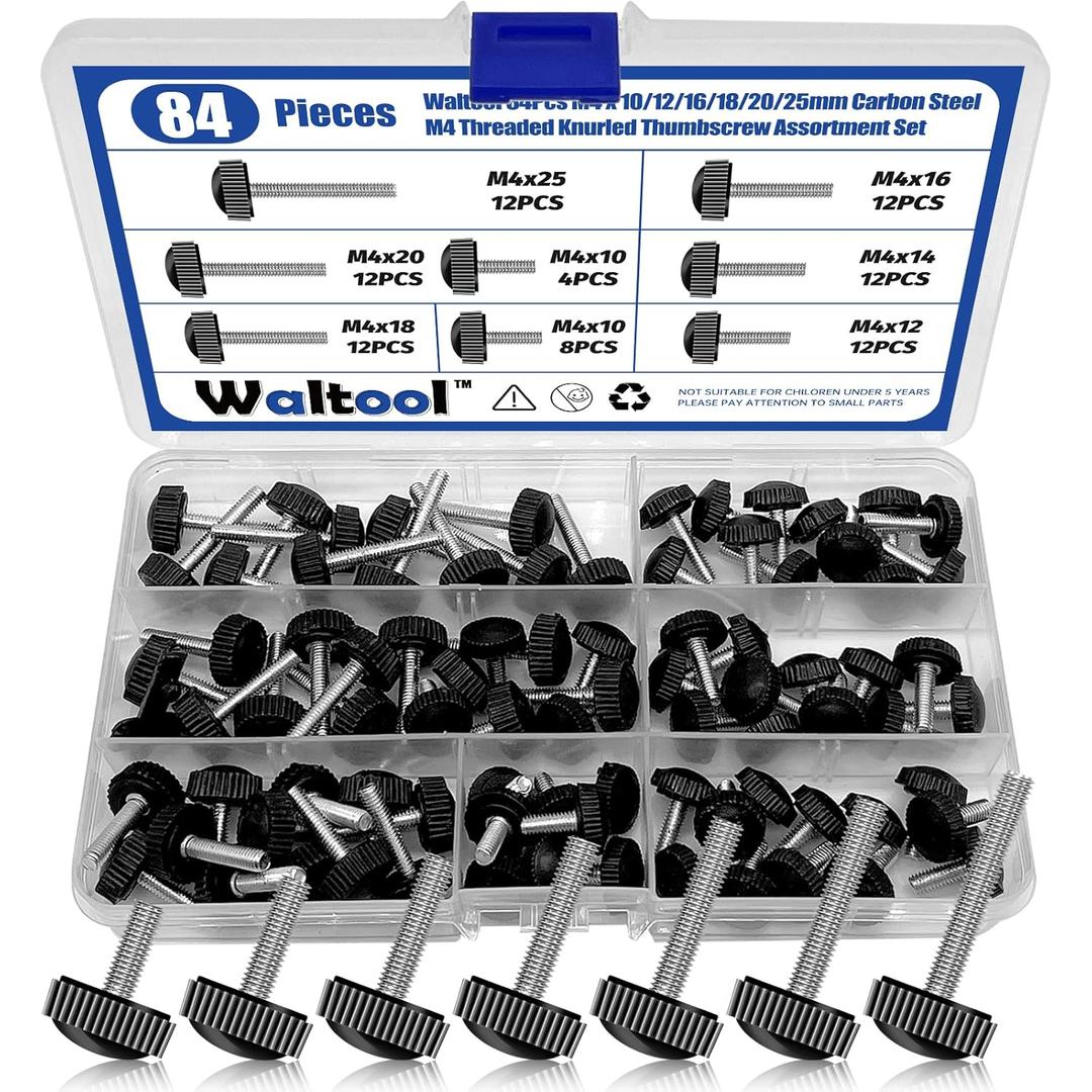 84Pcs 7 Sizes Carbon Thumbscrew Assortment Set, M4 x 10/12/14/16/18/20/25mm Screw on Thread Knurled Round Clamping Knobs Handle Bolts Grip Thumb Screws for Machine