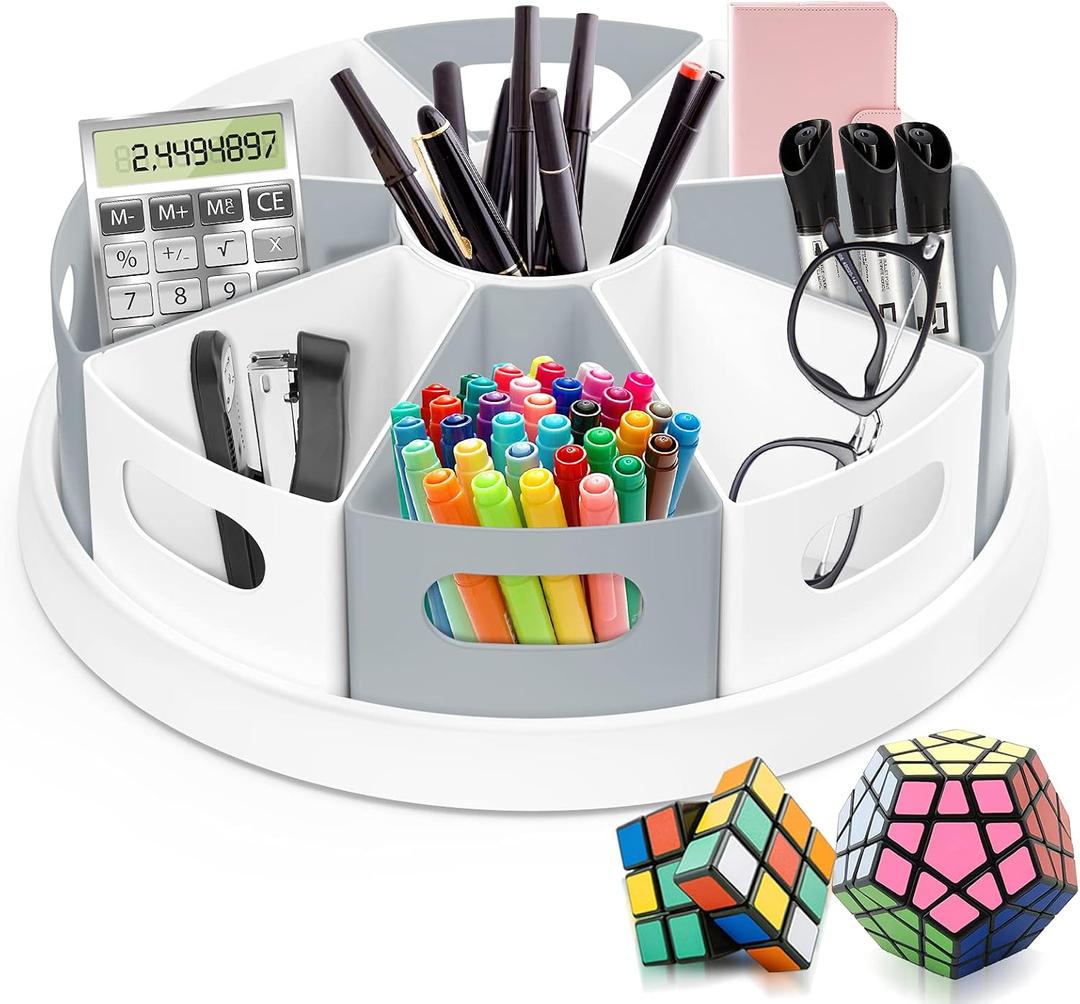 MeCids 360 Rotating Storage Organizer Desk Organizers Pen Holder 12 Lazy Susan Style Caddy with Removable Bins, for Home Office Supplies, Art Supplies, Make-up & Kitchen Use, with Card & Gift Box