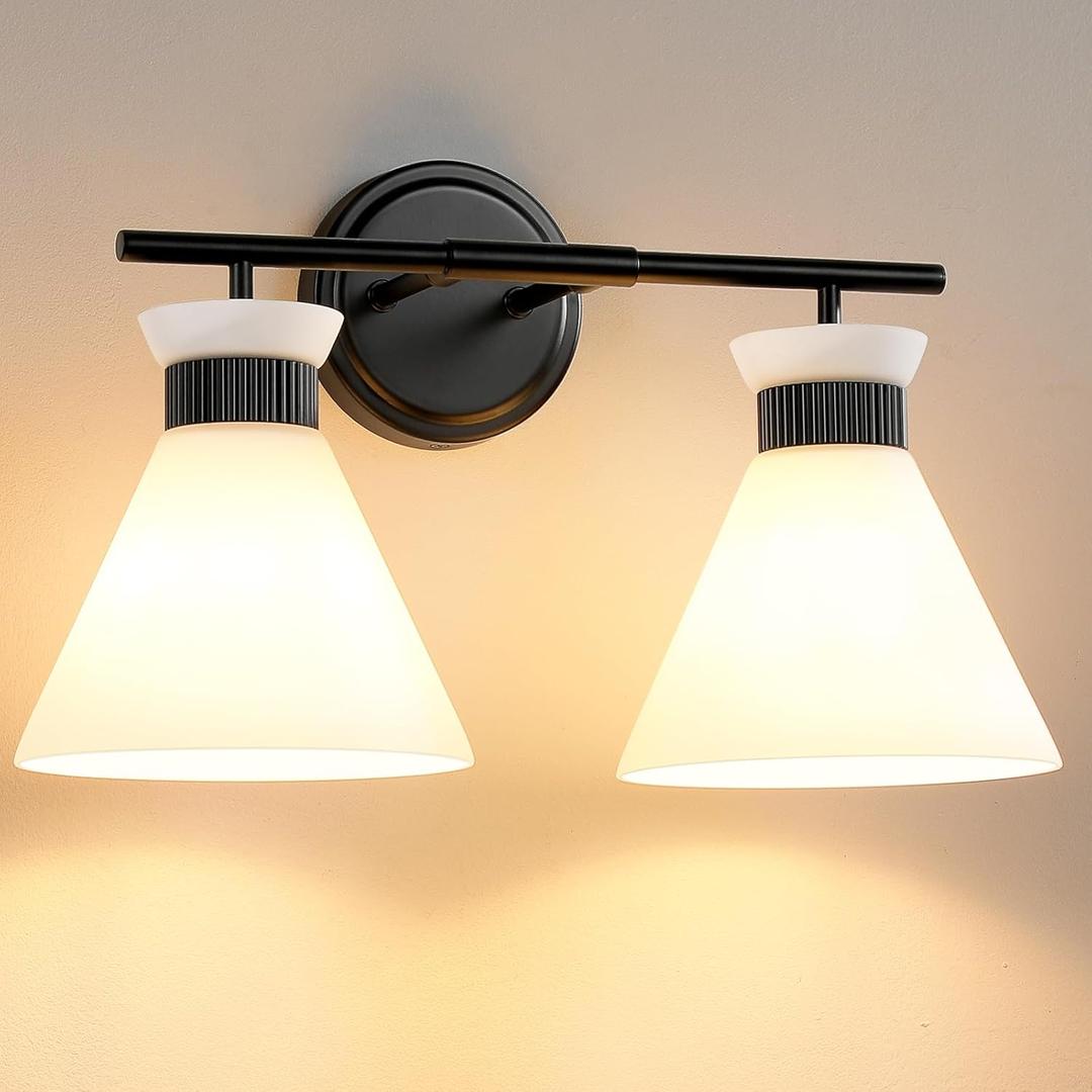 WOSHITU Black Bathroom Vanity Light Fixtures: Bathroom Lighting Fixtures Over Mirror 17.3 inch with Milky White Frosted Glass, 2-Lights Mid Century Modern Vanity Lighting Wall Light (Exclude Bulb)