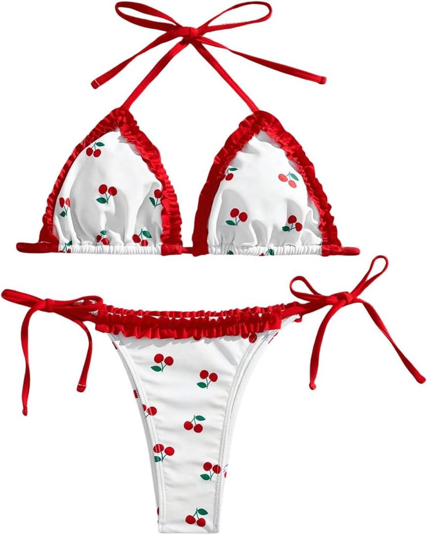 MakeMeChic Women's 2 Piece Bikini Set Cherry Halter Backless Ruffle String Cute Bathing Suit (X-Large, Red and White)