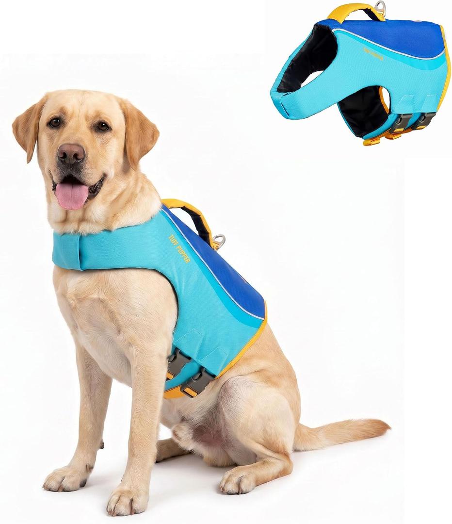 Tuff Pupper Dog Life Jacket | High Buoyancy Dog Swim Vest with Rescue Handle | Adjustable Secure Fit | Reflective Safety Trim | Pet Flotation Jacket for Swimming Boating Kayaking (Blue/Yellow, L)