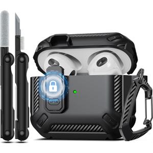 RFUNGUANGO for AirPods 3rd Generation Case Cover with Cleaner Kit, Military Hard Shell Protective Armor with Lock for AirPod Gen 3 Charging Case 2021,Front LED Visible,Black