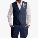 Mens Linen Suit 2 Piece Short Suits for Men Casual Summer Beach Wedding Suit Linen Vest Shorts Set, XL