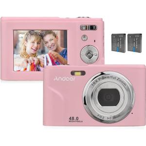 Andoer Portable Digital Camera 48MP 1080P 2.4-inch IPS Screen 16X Zoom Auto Focus Self-Timer 128GB Extended Memory Face Detection Anti-Shaking with 2pcs Batteries Hand Strap Carry Pouch (Pink)