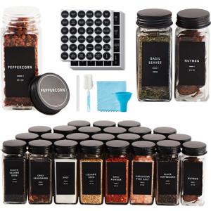 25 Pcs Spice Jars with Label- Glass Spice Jars with Black Metal Caps,Shaker Lids, Funnel, Chalk Pen, Brush,Cleaning Cloth 4oz Seasoning Containers Bottles for Spice Rack, Cabinet, Drawer