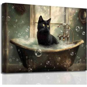 BJYCHG Cat Bathroom Wall Art Animal Bathroom Pictures Black Cat in Bathtub Poster Prints Funny Animal Canvas Paintings Toilet Artwork Vintage Farmhouse Decor Frame (Dark, (16L x 24W))