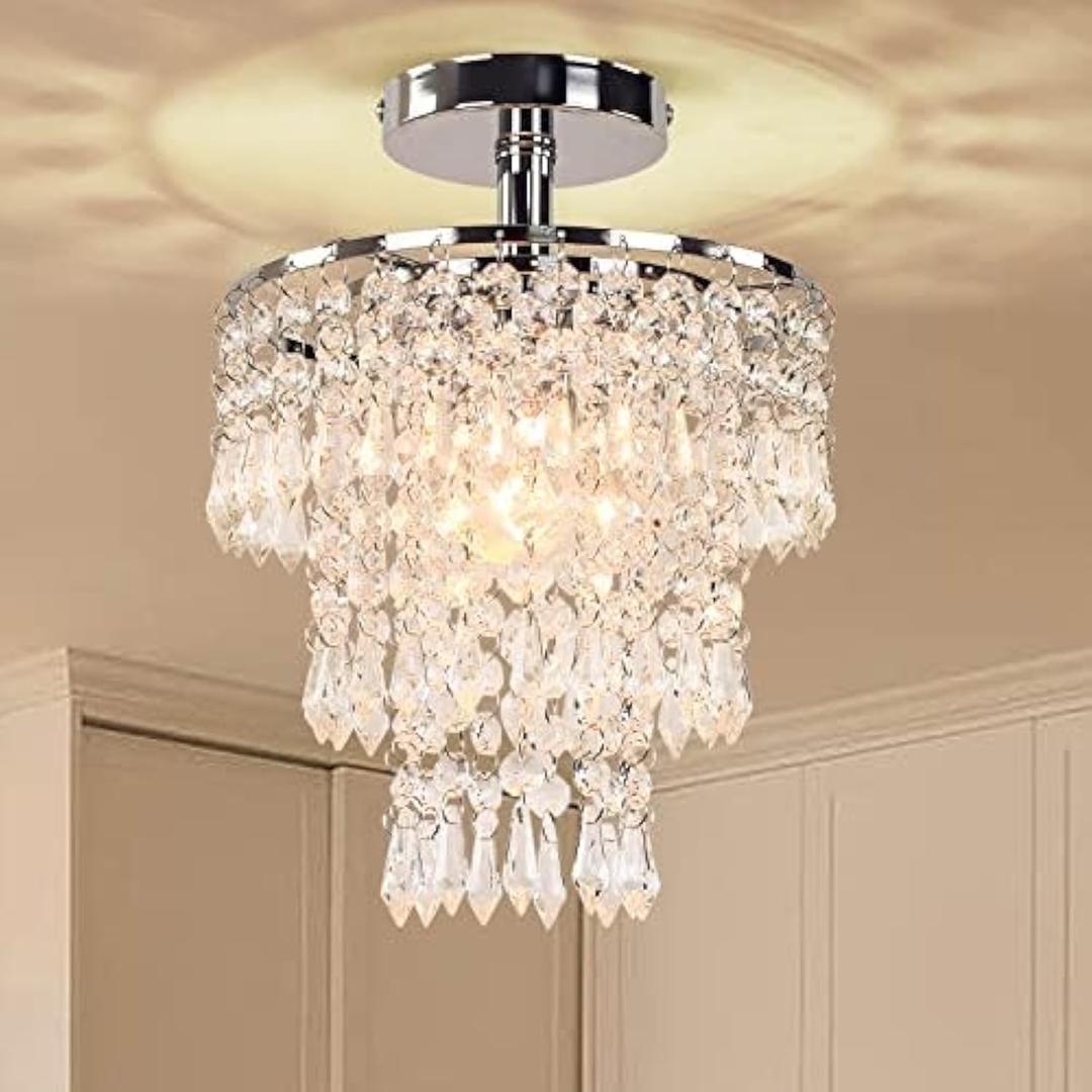 FRIXCHUR Small Crystal Chandelier Led Crystal Ceiling Lights 3 Tiers Crystal Raindrops Chandelier Pendant Lighting Fixture Decoration for Bedroom Hallway Living Room, Chrome, E26