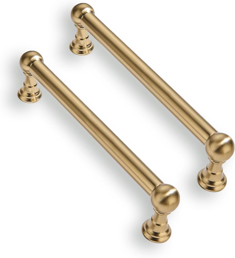 2 Pack 5 Inch Solid Kitchen Cabinet Handles Brushed Brass Heavy Duty Cabinet Pulls Satin Brass Drawer Pulls Cabinet Hardware Kitchen Handles for Cabinets Cupboard Handles