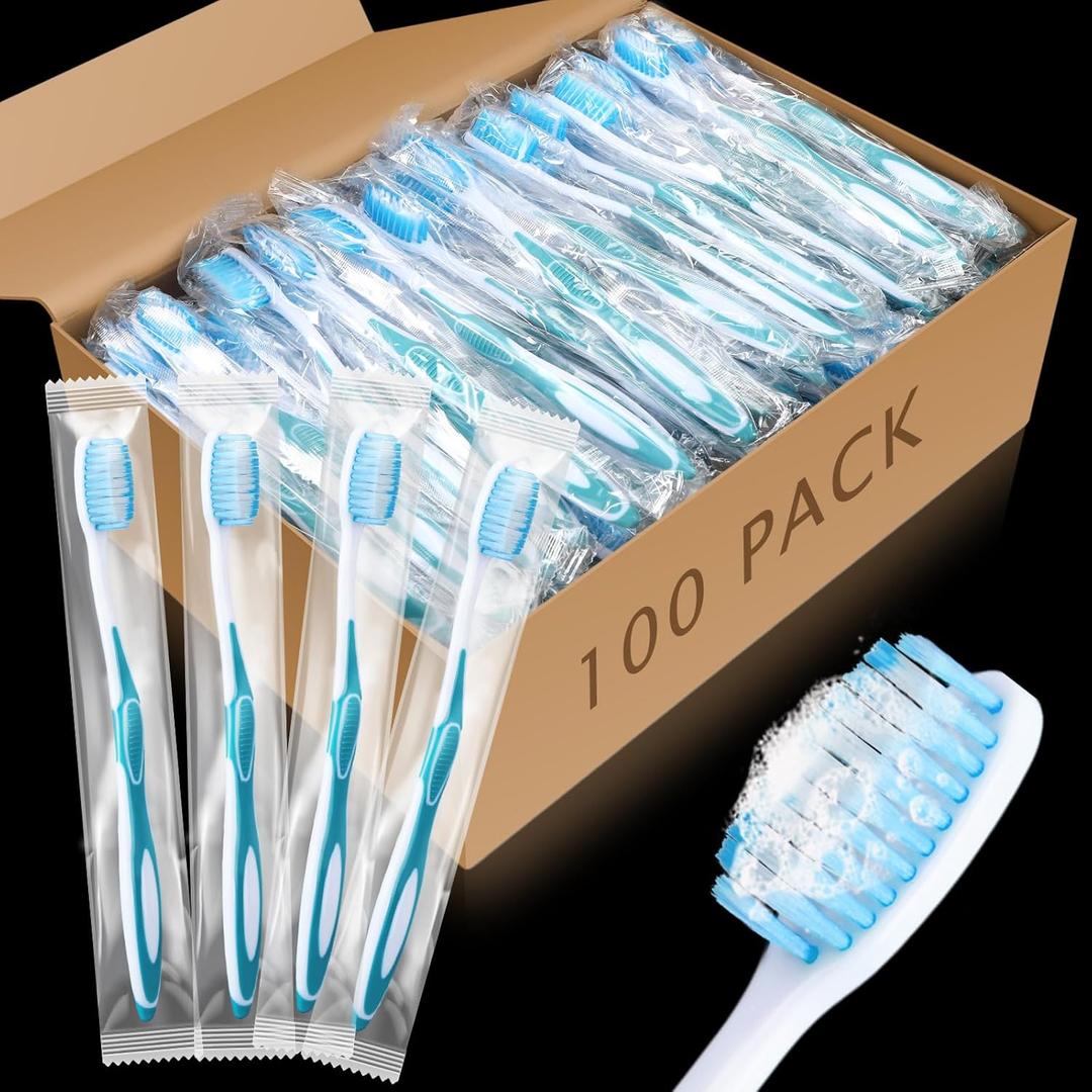 100 Pcs Prepasted Disposable Toothbrushes Individually Wrapped Pre Pasted Soft Bristle Tooth Brush Travel Toothbrush for Camping Guestroom Car Office School Hotel Homeless Gifts (Blue)
