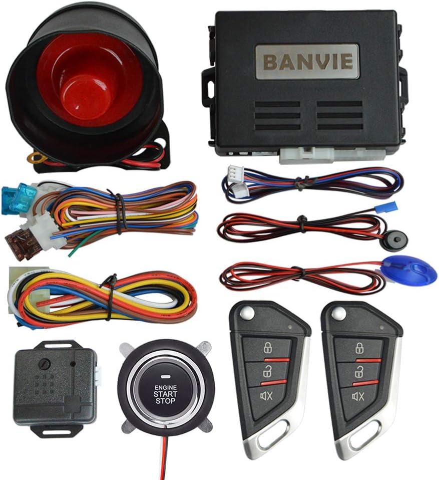 BANVIE Car Alarm System with Remote Engine Start and Push to Start Stop Iginition Button Kit (2.with siren)