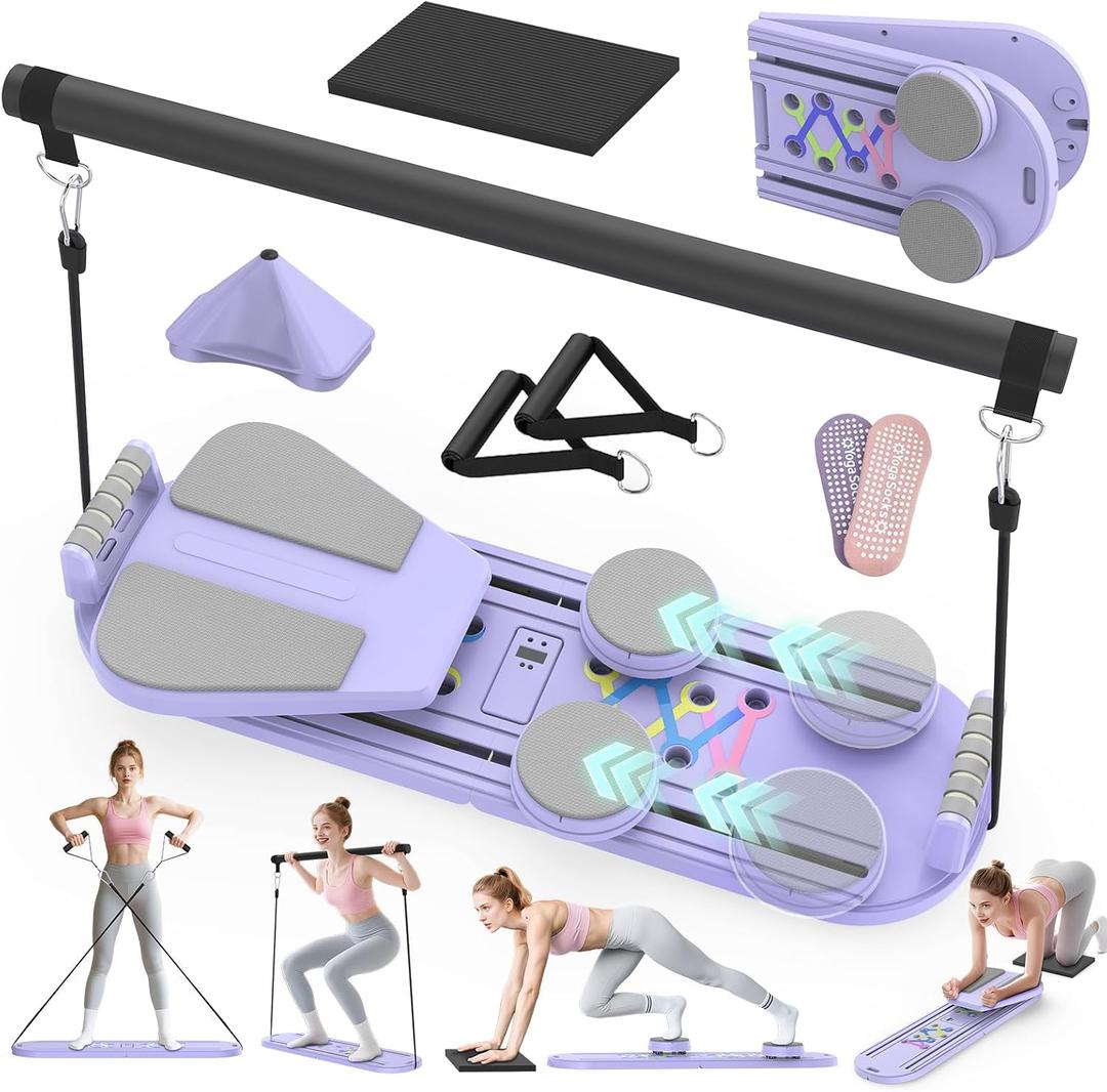 Pilates Board Pilates Reformer Set for Women, 7 in 1 Foldable Pilates Equipment with Timer, Portable Pilates Machine for Home Workout, Fitness, Exercise, Ab, Core (Purple)