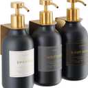 Shower Shampoo Dispenser Wall Mounted 3 Refillable 16.9 oz Black Bottles with Stainless Steel Pumps & No-Drill Adhesive Holders Soap Dispenser Set for Bathroom (3 X Black/Gold)
