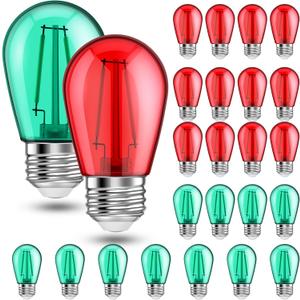 25 Pack Red and Green S14 LED Light Bulbs 2 Watt E26 Base Christmas Red and Green Colored Bulbs Shatterproof Replacement Waterproof String Lights for Indoor Outdoor Village, Porch, Bistro Decor