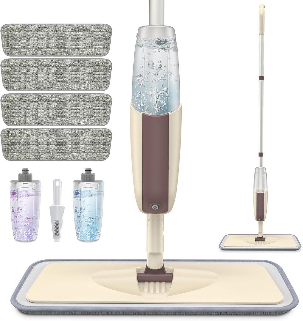 HOMTOYOU Spray Mop for Floor Cleaning: Wet Mop with 4 Washable Microfiber Pads and 2 Refillable Bottles for Hardwood Laminate Wood Vinyl Ceramic Tiles Home Kitchen (Beige)