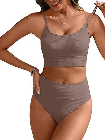 ANRABESS Women High Waisted Bikini Sets Color Block Summer Beach Vacation 2 Piece Bathing Suit Tummy Control Ribbed Swimsuit, S