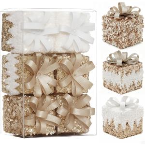 6Pcs Champagne Christmas Ornaments Set Shatterproof Glitter Gift Box Christmas Tree Ornaments Pre-Strung Sequined Hanging Decorations for Xmas Holiday Wedding and Party Decor