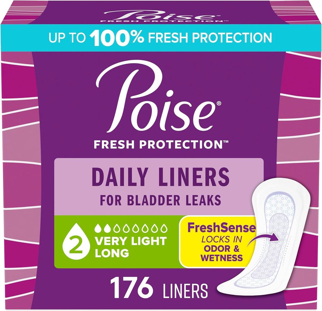 Poise Daily Liners, Incontinence Panty Liners for Bladder Leaks, 2 Drop Very Light Absorbency, Long Length, 176 Count of Pantiliners (4 Packs of 44)
