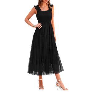 PRETTYGARDEN Women's Summer Tulle Midi Dress Sleeveless Smocked Ruffle Flowy Mesh Dresses Party Wedding Guest Sundress S