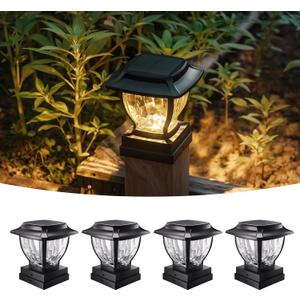 Solar Post Cap Lights Outdoor, Glass Deck Fence Post Cap Light Solar Powered for 4x4 Vinyl/Wooden Posts, Solar Lamp Post Light with 2 Lighting Modes for Patio Garden, Bright Warm White (4 Pack)
