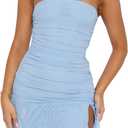 Women Summer Strapless Tube Mini Dress Sexy Backless Slit Ruffle Hem Party Short Dresses for Cocktail Date Night (M)