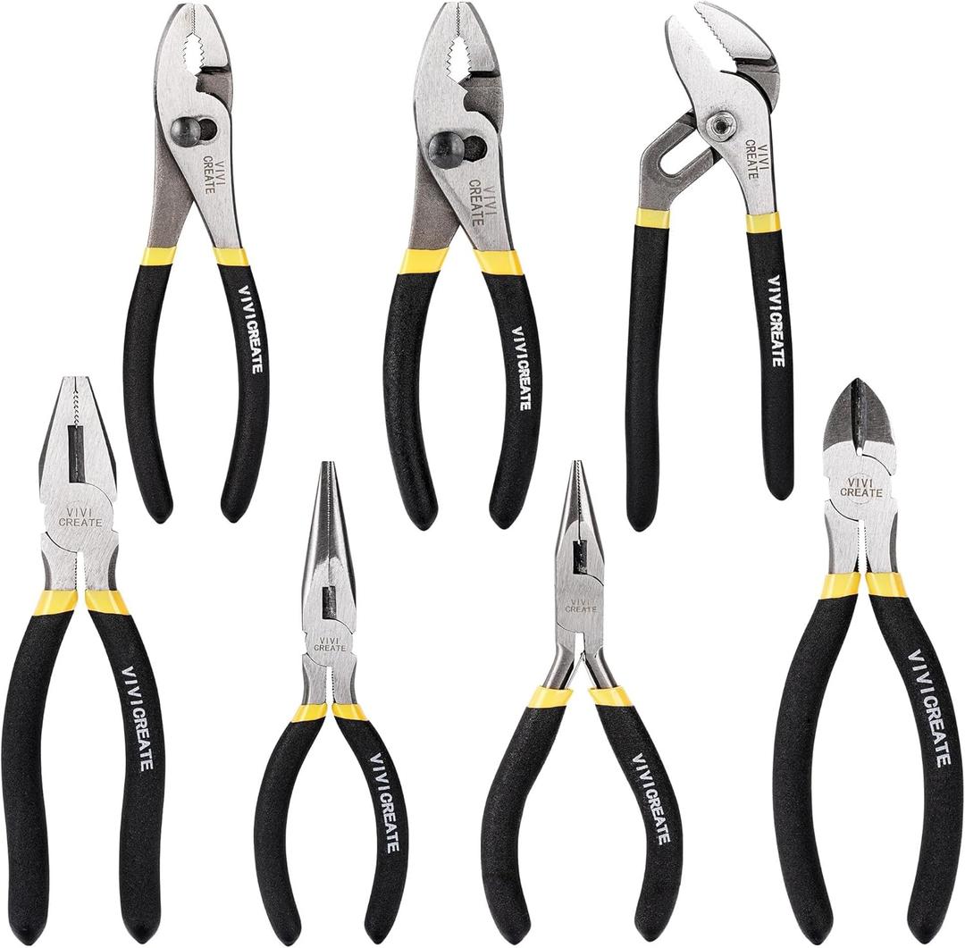 Vivicreate 7-Piece Pliers Set Heavy Duty Multipurpose Tools for Home Repair DIY Auto Electrical Work Includes Long Nose Slip Joint Linesman and Diagonal Pliers Cutting Pliers Tools