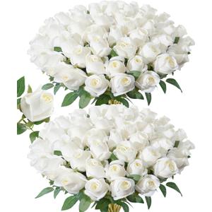 DREAMLOOM 50pcs Roses Artificial Flowers, Fake Roses Realistic with Long Stems Real Touch Silk Flowers Bouquet for Valentine's Day Wedding Anniversary DIY Floral Arrangement Gifts, White