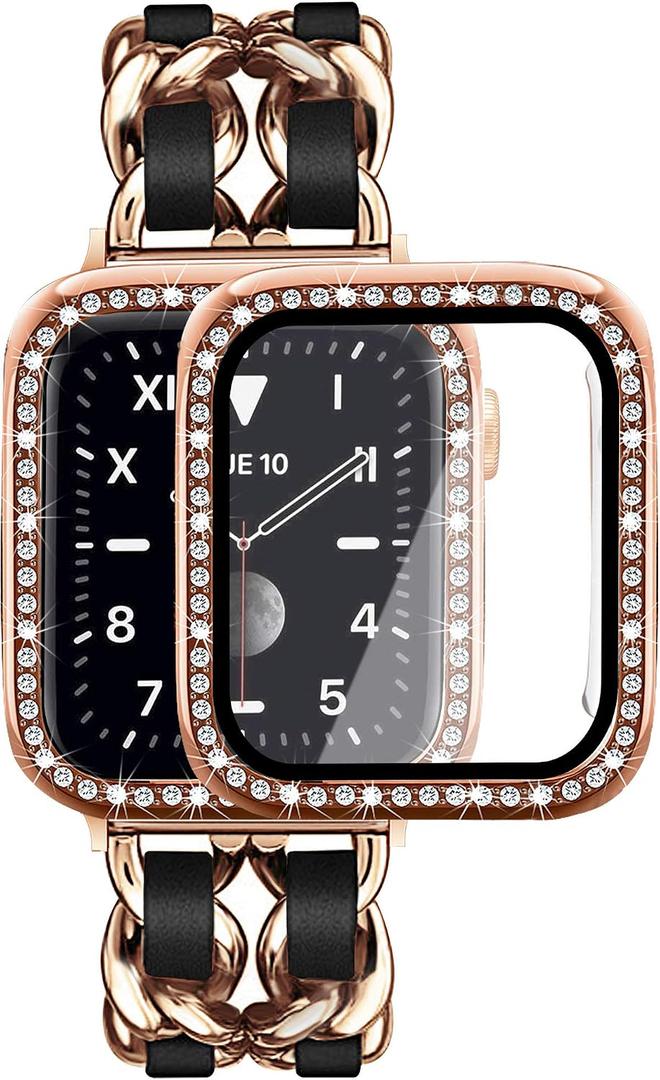 Mosonio Compatible for Apple Watch Band 44mm with Screen Protectors Case Women, Jewelry Bracelet Metal Bands with 2P Bling Cover for 44mm iWatch Series SE 6 5 4(Rose Gold Link with Black Leather)