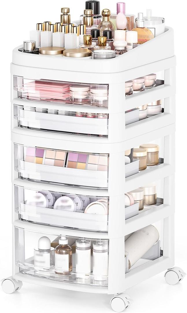 Rolling Cart with 5 Drawers, Clear Plastic Drawer Organizers, Dust Proof Under Desk Storage for Makeup, Skincare, Art Crafts and Baby Items, Acrylic Cosmetic Organizer with Dividers, Vanity Cart