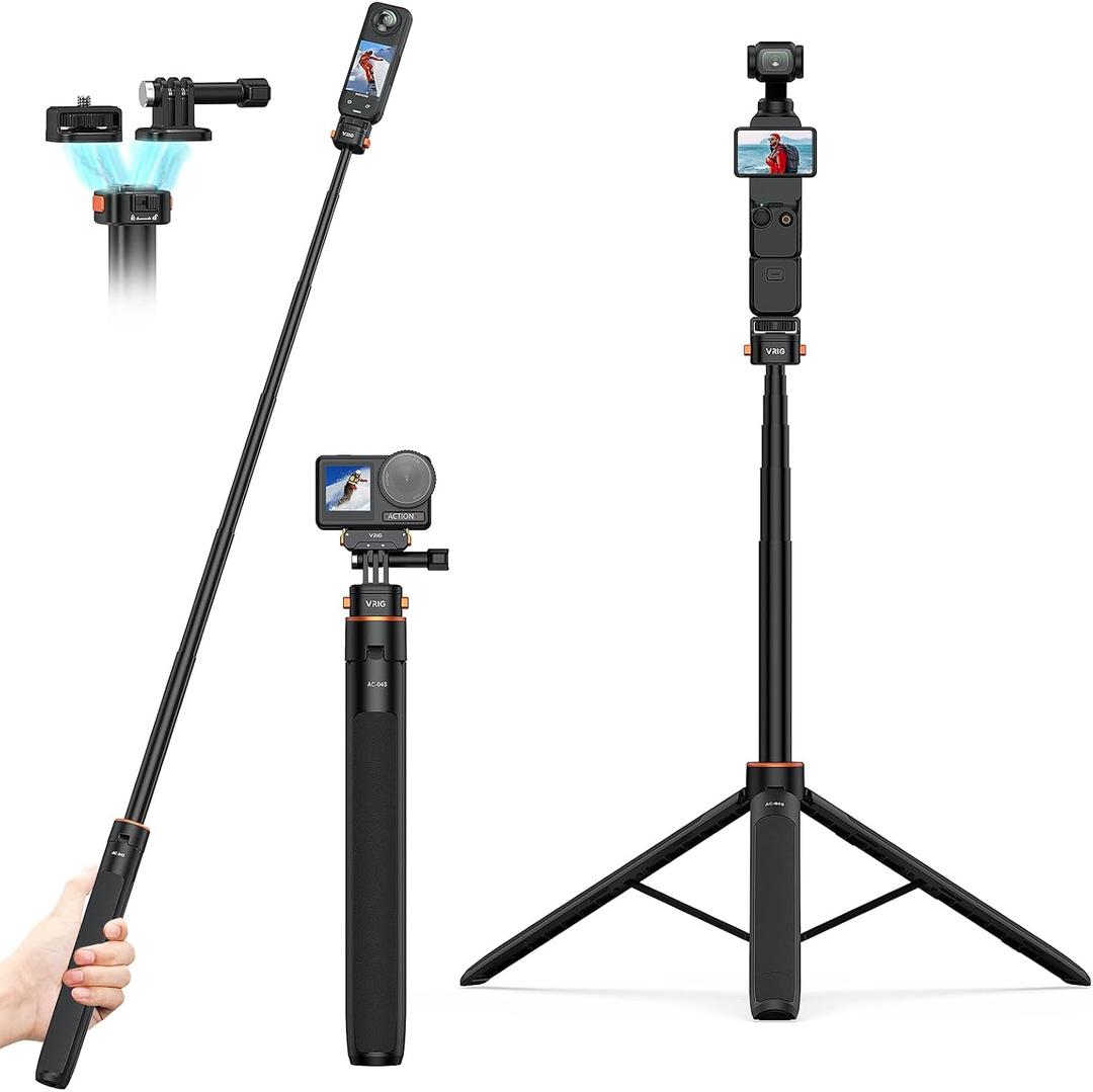 VRIG 64" OSMO Pocket 4/3 Selfie Stick Tripod for GoPro Camera,Extendable Tripod Stand with Quick Release 1/4" Screw for Insta360 X5/X4,DJI OSMO Action 6/5Pro/4/3,Osmo Nano,Go Pro Hero 13 12 11 10 9
