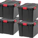 IRIS USA WeatherPro 74 Qt Storage Bins with Lids, 4 Pack, BPA-Free Plastic Gasket Box with Tight Latch and Seal, Stackable Nestable Tote Tub - Black/Red