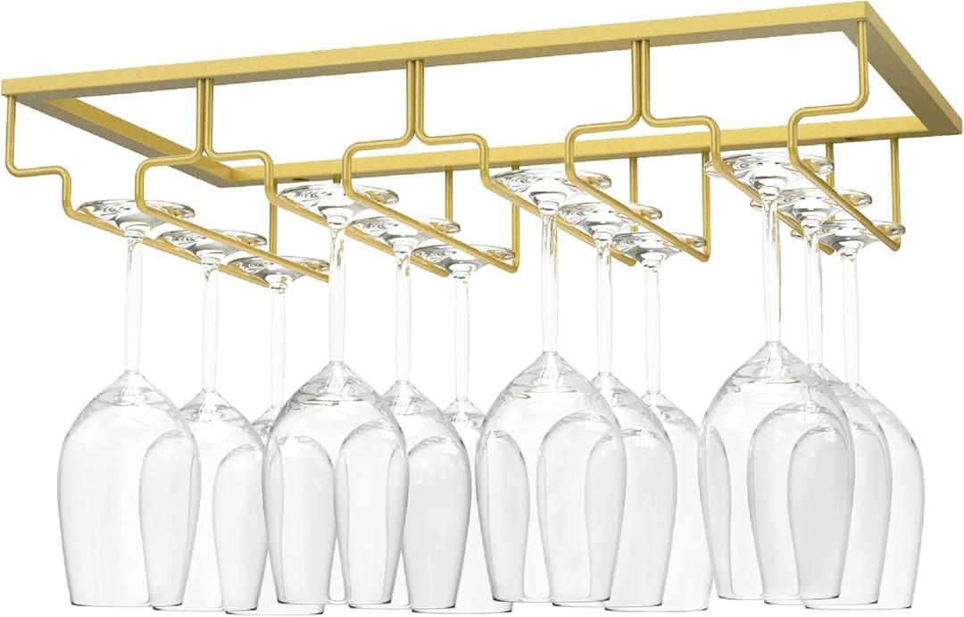 Nuovoware Wine Glass Rack, 4 Rows Wine Glass Holder Storage Hanger Metal Organizer Under Cabinet Stemware Rack for Bar Kitchen Cabinet, Nano Golden (4 Rails 1 PCS)