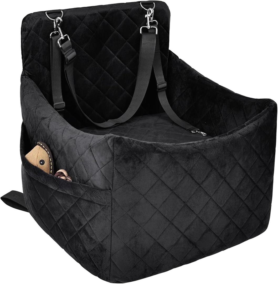 Dog Car Seat for S/M Dogs, Memory Foam Dog Booster Car Seat Up to 35lbs, Detachable Washable Pet Travel Bed with Side Pockets and 2 Safety Belts, Easy to Install (Black)