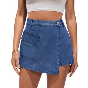 luvamia Denim Skorts for Woman Cargo Faux Wrap Jean Skort Skirts Stretchy High Waisted Skirt Shorts Country Concert Wear (Small, Brilliant Blue)